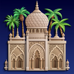 Cartoon colorful illustration of Islamic architecture with domes, arches, and arabesque ornaments, representing tradition, culture, and spirituality