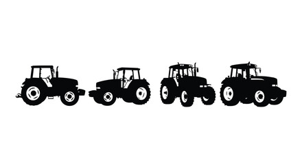 Four black tractor silhouettes isolated on white background in a row