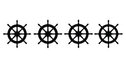 Fototapeta premium Four black ship wheel silhouettes isolated on white background in a row