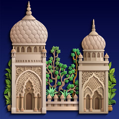 Cartoon colorful illustration of Islamic architecture with domes, arches, and arabesque ornaments, representing tradition, culture, and spirituality