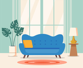 Living room interior in flat style. Modern interior of the living with furniture. Vector stock