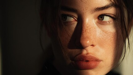 Close-up of a freckled woman's face bathed in warm light, looking to the side. Concept Freckled close-up portrait, Warm side-lit beauty, Woman looking to the side, Natural makeup soft glow