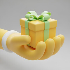 Stylized 3D cartoon hand holding a yellow gift box.