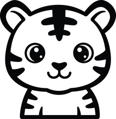 Cute cartoon tiger face, black and white animal drawing, kids coloring page, jungle wildlife art, educational illustration, playful sketch