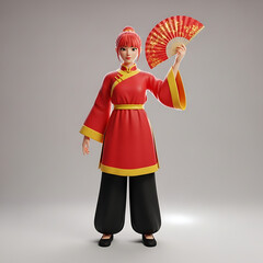 Stylized 3D character of a Chinese woman in traditional attire holding a fan.
