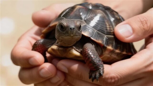 Tortuga terrestre bebé  acunada en la palma de dos manos humanas