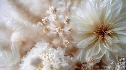 Close-up of delicate white flowers with layered petals and tiny pale centers. Concept Close-Up Florals, Delicate White Blooms, Layered Petals, Tiny Pale Centers