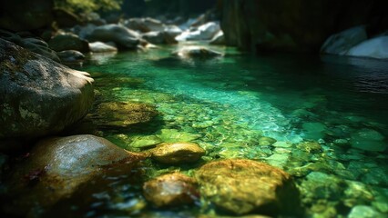 Naklejka premium Clear turquoise pool in a rocky canyon, sunlit water revealing smooth stones beneath emerald-green depths. Concept Canyon Pool Photography, Turquoise Water, Sunlit Clarity, Rocky Canyon