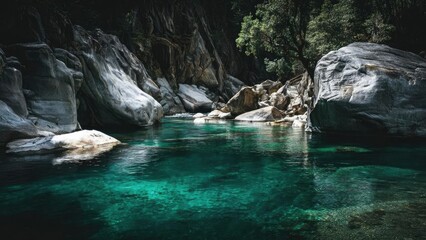 Turquoise river winding through a rocky canyon, crystal-clear water glowing between massive gray boulders. Concept Turquoise river in a rocky canyon, Crystal-clear water between gray boulders
