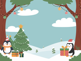 A cute Christmas vector scene featuring two happy cartoon penguins on a snowy hill next to a decorated Christmas tree, with presents and string lights. Excellent vector template with copy space.