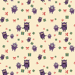A cute, seamless vector pattern featuring cartoon monster icons on a light beige background. This playful and quirky design is ideal for children's fabric or digital paper.