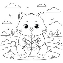 Cute Autumn Cat Coloring Page Holding a Maple Leaf - Fall Season Line Art Illustration