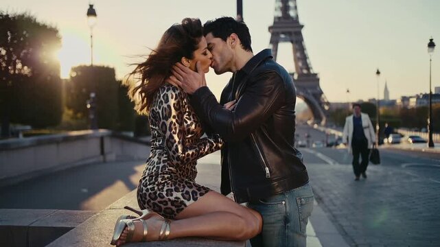 Una pareja besándose apasionadamente con la Torre Eiffel imponente en el fondo