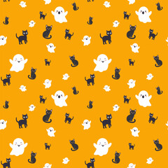 A seamless pattern featuring cartoon Halloween characters happy white ghosts and black cats on a vibrant orange background. Design for children fabric, wrapping paper, or Halloween projects.