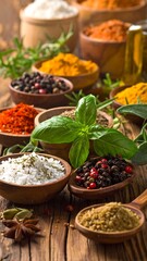 Assortment of vibrant spices and herbs displayed in rustic wooden bowls