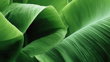 Close-up of large, overlapping green banana leaves with prominent parallel veins. Concept Close-up Banana Leaves, Green Foliage, Banana Leaf Veins, Tropical Plants, Botanical Photography