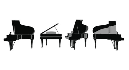 Four grand pianos isolated on white background are displayed in a row