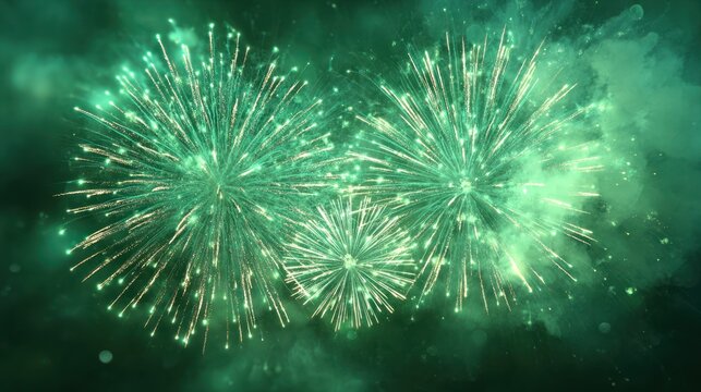 Vibrant, green fireworks burst in a smoky, emerald-toned sky
