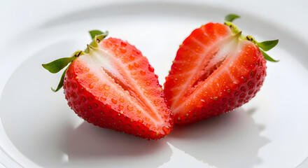 Strawberry with dew drops on white plate, vivid and detailed, ideal for gourmet, freshness, or macro food visuals
