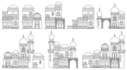 Set of stylized ancient Middle Eastern buildings in line art style. Perfect for games, travel guides, architecture projects, or historical infographics. Hand drawn vector illustration