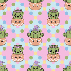 A seamless pattern featuring the cartoon cactus on a light blue background. This kawaii design is perfect for children fabric, digital paper, or textile projects with a fun, cheerful and western style