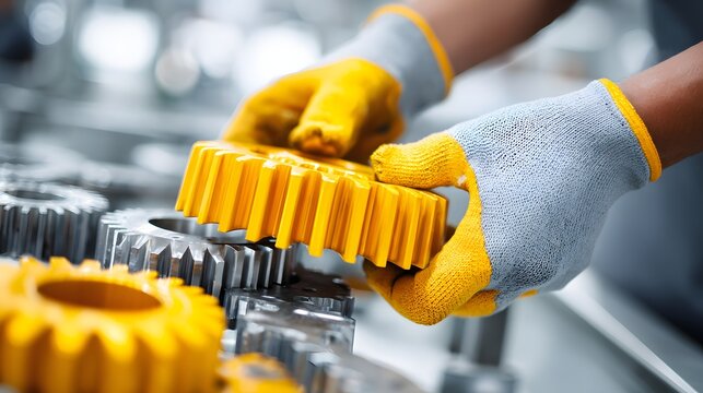 Skilled hands wearing protective gloves manipulate bright yellow and metallic machinery components