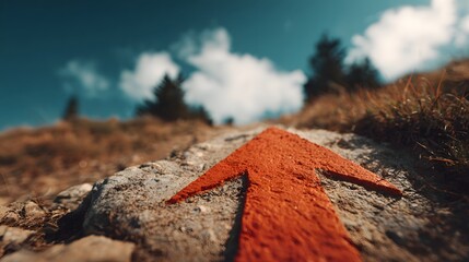 Brightly colored directional marker painted onto rough stone along an outdoor trail under a blue sky