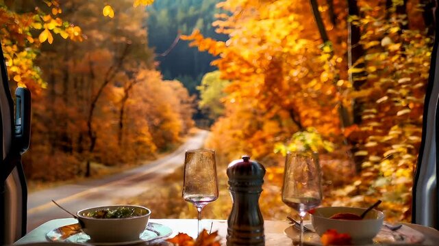 A scenic view from the inside of a vehicle, showcasing a dining table set for a meal amidst a backdrop of autumnal trees. The table is adorned with a variety of dishes.