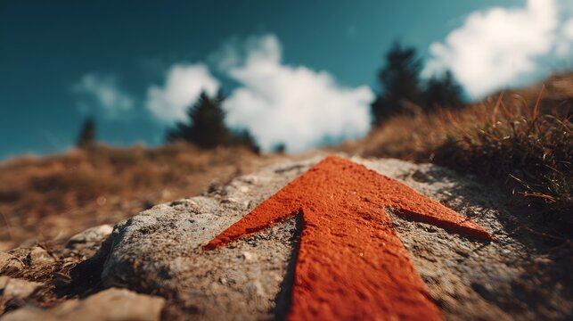 Brightly colored directional marker painted onto rough stone along an outdoor trail under a blue sky - Powered by Adobe