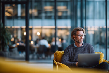 Senior strategist with laptop in soft seating area, boardroom activity blurred behind modern glass workplace