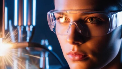 Electric maintenance work with focused woman wearing safety glasses, observing sparks. Electric maintenance procedure requires attention to detail, protective gear for safety