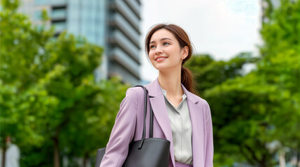 Confident young executive in lilac suit walking through leafy business district, optimistic outlook on sustainable growth