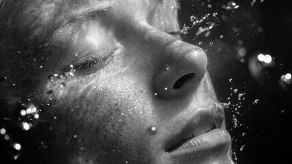 Close-up of a person's face with water droplets splashing on the skin, eyes closed, nose and lips visible. Concept Close-up portrait, Water droplets on skin, Eyes closed, Wet skin texture