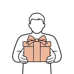 Man holding gift box with ribbon in minimal line art style  