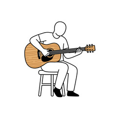 Person playing acoustic guitar while sitting on a stool indoors  