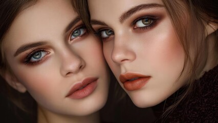 Two women in a close-up portrait with smoky brown eyeshadow, peach lips, and soft lighting, their faces close together. Concept Close-Up Portrait, Smoky Brown Eyeshadow, Peach Lip Color