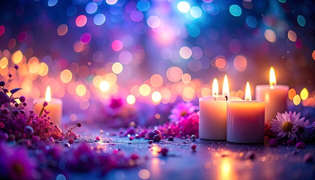 A serene and magical display of glowing candles and delicate pink flowers set against a vibrant bokeh background of sparkling lights