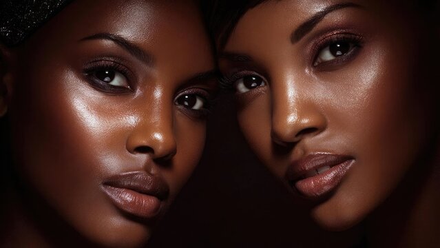 Two close-up portraits of Black women with dewy bronze skin, glossy lips, and bold makeup, facing the camera. Concept Close-up portraits, Two Black women, Dewy bronze skin, Glossy lips - Powered by Adobe