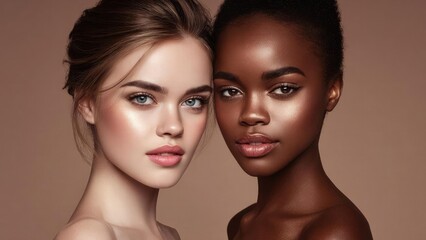 Two models with contrasting skin tones pose closely for a beauty portrait, showcasing glowing skin and makeup. Concept Diverse beauty portrait duo, Glowing skin and flawless makeup