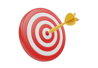 A red and white dartboard with a yellow dart hitting the bullseye, isolated on transparent background