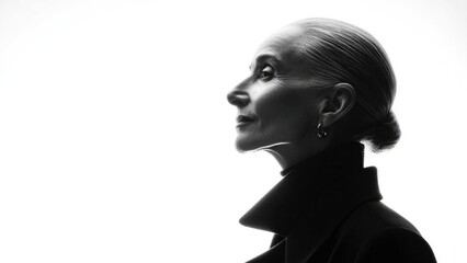 Black-and-white profile of an elegant older woman with slicked-back hair and a high-neck coat. Concept Black-and-white portrait, elegant older woman, slicked-back hair, high-neck coat, profile view