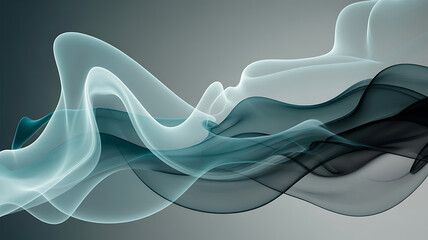 Abstract flowing translucent waves of light and smoke in cool blue and teal tones on a gradient background