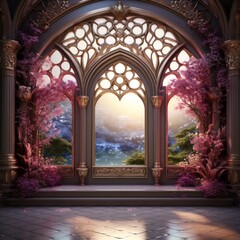 Fototapeta premium Beautiful Arabian Style Palace View From Window Lobby Created with Generative AI Technology
