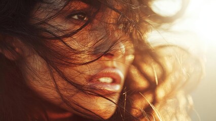 Close-up of a woman’s face with wind-swept hair and warm sunlight, lips slightly parted. Concept Close-up portrait, Wind-swept hair, Golden hour light, Warm sunlight, Lips parted slightly