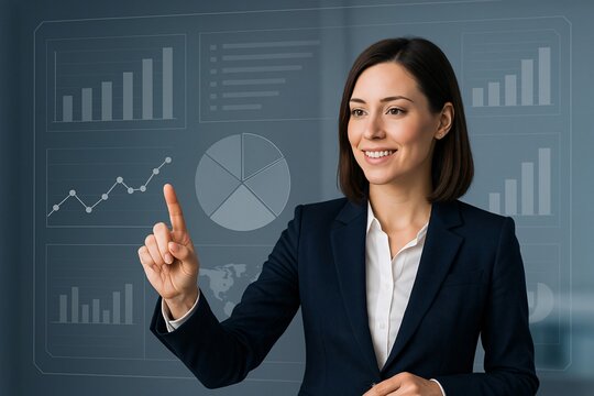 Business woman presenting data on transparent digital screen with futuristic AR interface