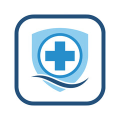 Flat Medical Icon with Blue Cross Emblem on White Background and Subtle Wave Design