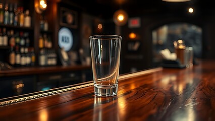 highball. Polished wooden bar counter with an empty highball glass, evoking a classic and moody pub ambiance. bar promotions, beverage menus, designed for product packaging and bar promotions.
