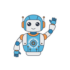 Friendly blue and white multi armed robot with orange accents waving hello on a clean white background representing technology and automation