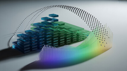 Abstract 3d digital art sculpture with flowing rainbow color gradient and geometric cube elements