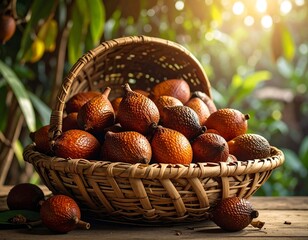 A wicker basket overflowing with exotic, brown, textured fruits on wood